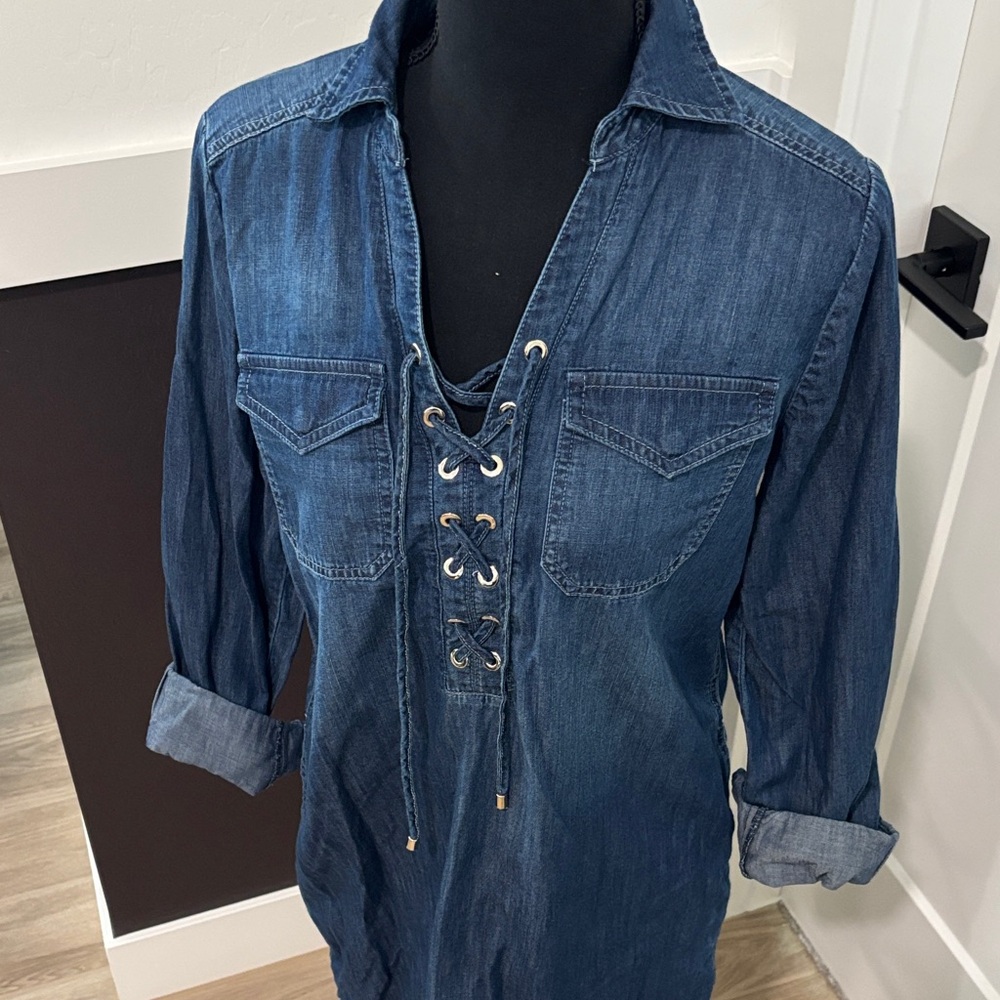 Denim Lace-Up Tunic Dress in Dark Blue